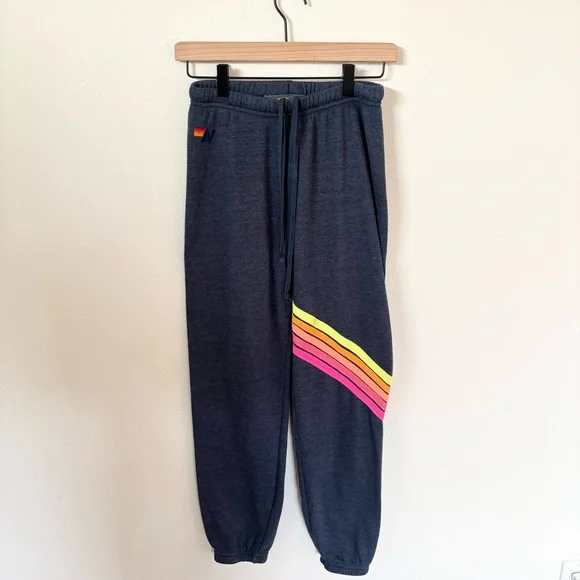 Aviator Nation 5 Stripe Sweatpants Diagonal Joggers Navy Rainbow Neon Size Small - Picture 1 of 6